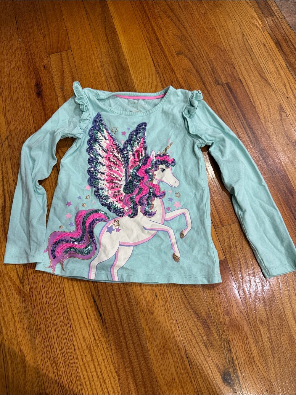 Cynthia Rowley Mint Long Sleeve Tee with Pink & Purple Sequin Pegasus